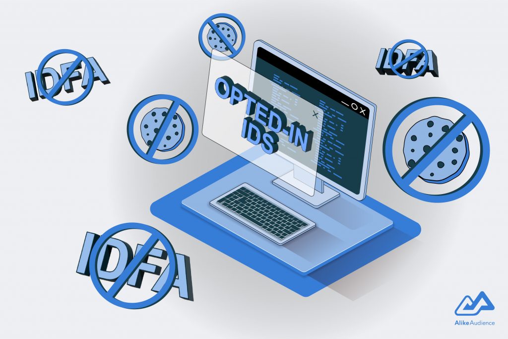 IDFA and cookies scratched out with opted-in IDs in the middle - AlikeAudience