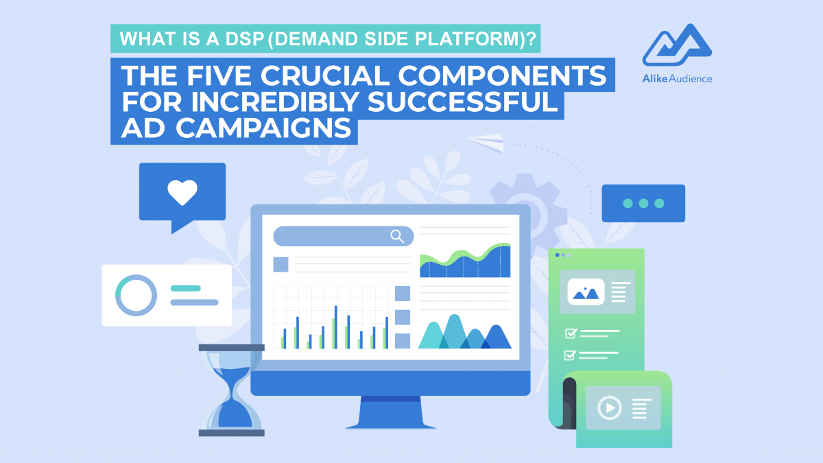 What is a dsp (demand side platform)? A picture of a computer screen with data graphs surrounded by a social media icon, messaging icon, hourglass, analytics, and video ads - AlikeAudience