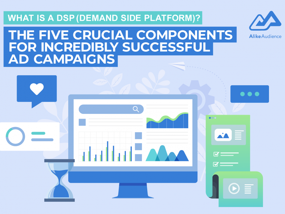 What is a dsp (demand side platform)? A picture of a computer screen with data graphs surrounded by a social media icon, messaging icon, hourglass, analytics, and video ads - AlikeAudience