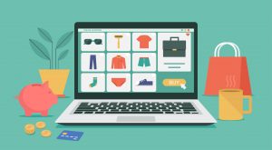 Illustration of retail media advertising on an online shopping or digital store, displaying products with icons and goods on a laptop computer