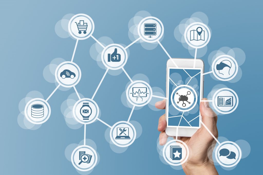 Image of mobile phone and various data sources illustration ways for mobile data collection and monetization